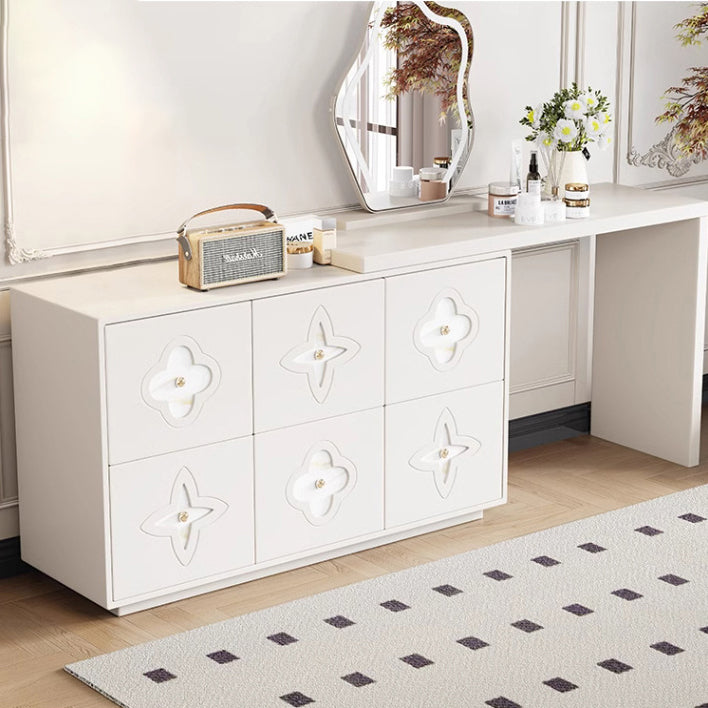 Traditional French Plywood Pine Wood Rectangular Clover Pattern Makeup Vanity &amp; Chair Set With Mirror And 6 Drawers For Bedroom