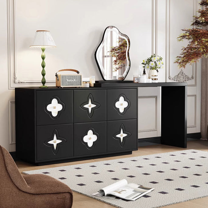 Traditional French Plywood Pine Wood Rectangular Clover Pattern Makeup Vanity &amp; Chair Set With Mirror And 6 Drawers For Bedroom