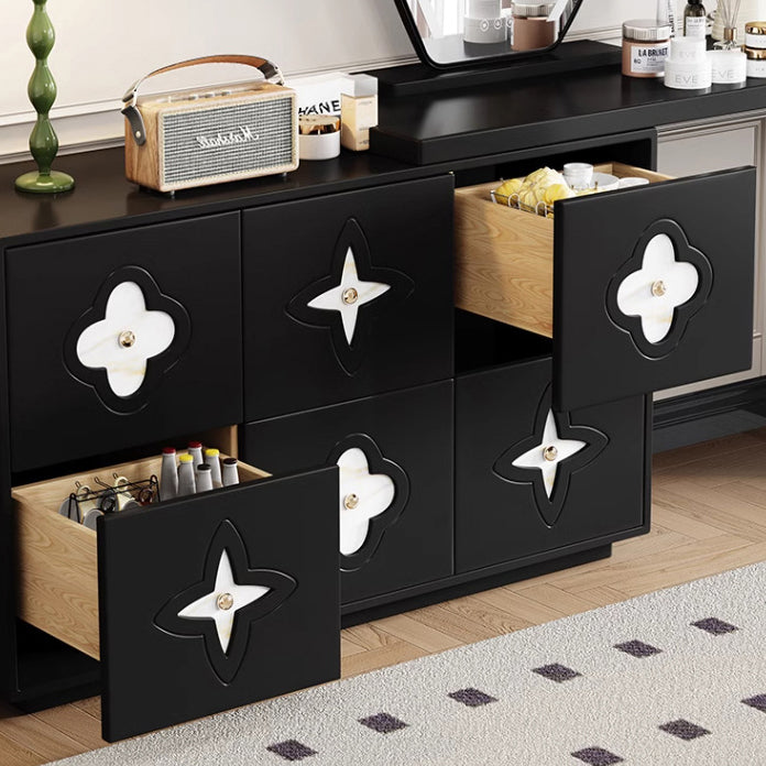 Traditional French Plywood Pine Wood Rectangular Clover Pattern Makeup Vanity &amp; Chair Set With Mirror And 6 Drawers For Bedroom