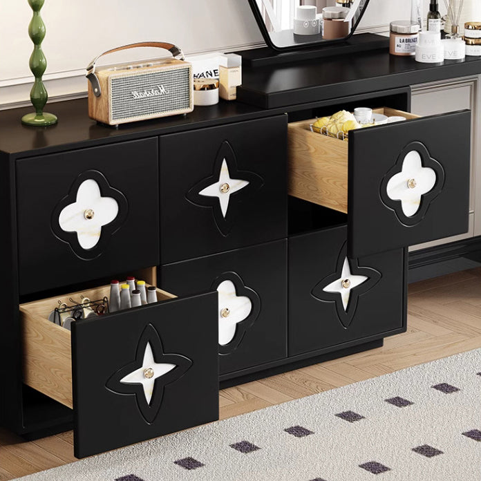 Traditional French Plywood Pine Wood Rectangular Clover Pattern Makeup Vanity &amp; Chair Set With Mirror And 6 Drawers For Bedroom