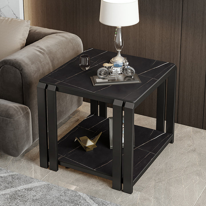 Zeitgenössischer nordischer Platten- und Metalleck-Couchtisch mit 2 Ebenen für das Wohnzimmer 