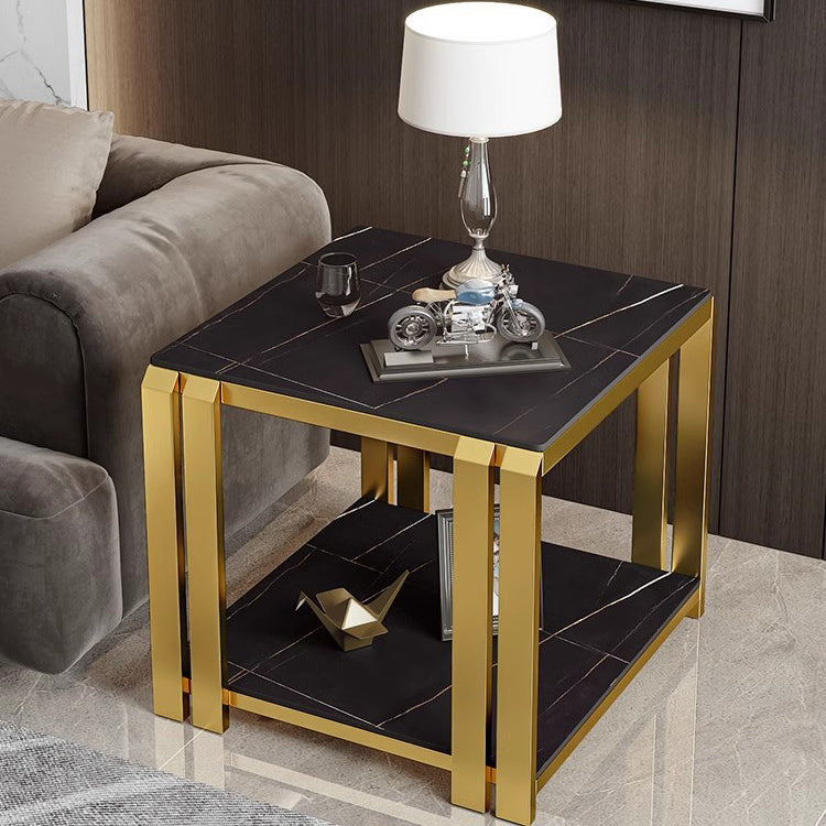 Contemporary Nordic Slab And Metal Square Side Table With 2 Tiers For Living Room