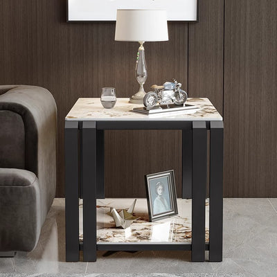 Contemporary Nordic Slab And Metal Square Side Table With 2 Tiers For Living Room