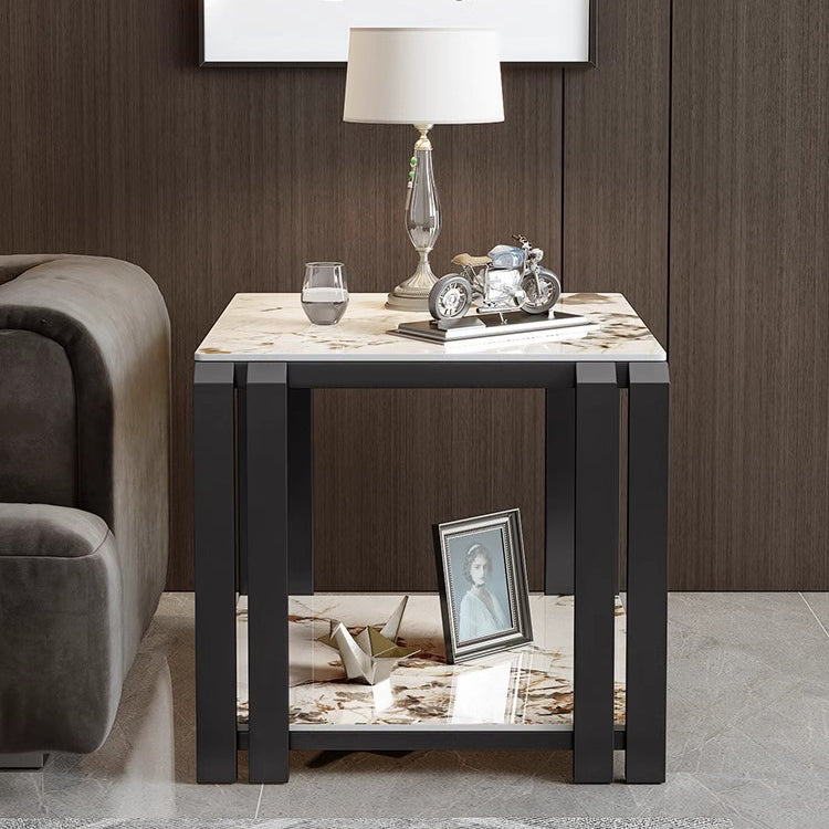 Contemporary Nordic Slab And Metal Square Side Table With 2 Tiers For Living Room