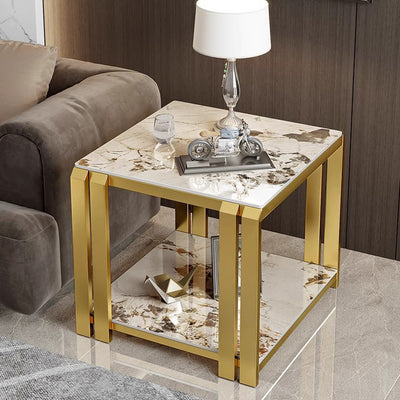Contemporary Nordic Slab And Metal Square Side Table With 2 Tiers For Living Room