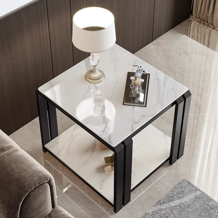 Contemporary Nordic Slab And Metal Square Side Table With 2 Tiers For Living Room