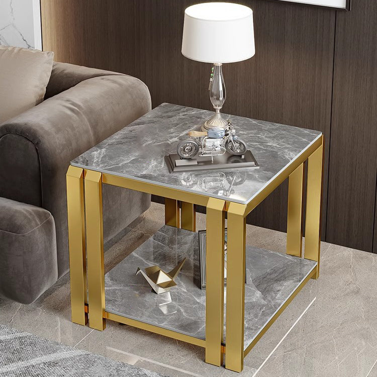 Contemporary Nordic Slab And Metal Square Side Table With 2 Tiers For Living Room
