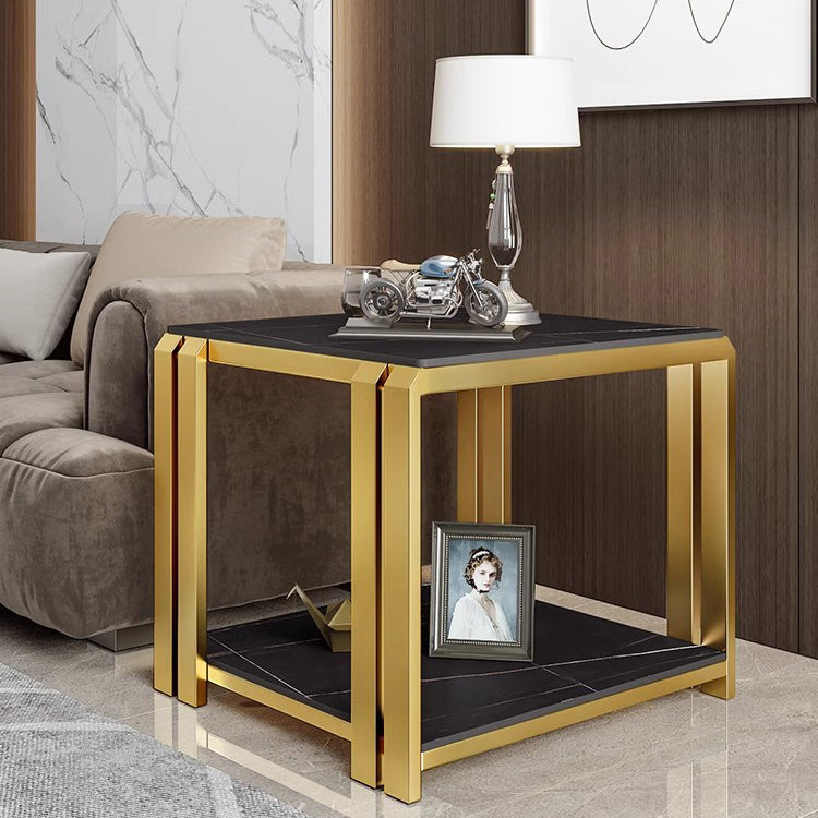 Contemporary Nordic Slab And Metal Square Side Table With 2 Tiers For Living Room