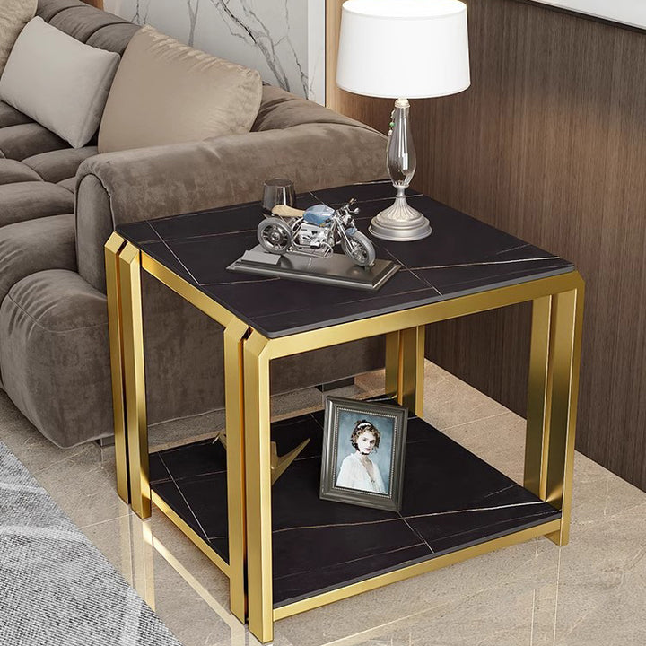 Contemporary Nordic Slab And Metal Square Side Table With 2 Tiers For Living Room