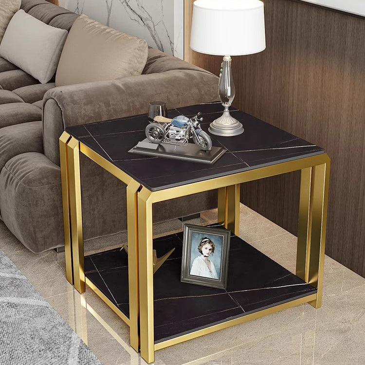Contemporary Nordic Slab And Metal Square Side Table With 2 Tiers For Living Room
