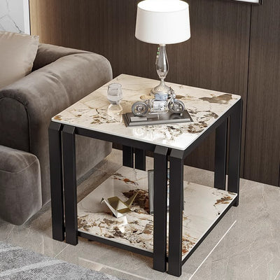 Contemporary Nordic Slab And Metal Square Side Table With 2 Tiers For Living Room