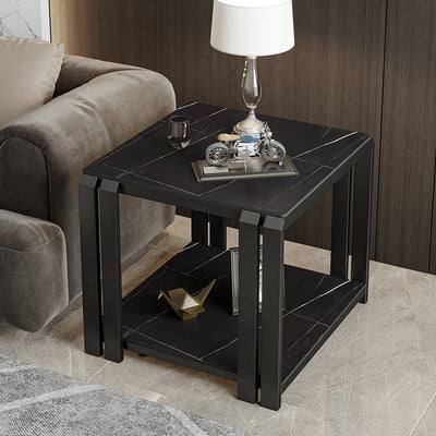 Contemporary Nordic Slab And Metal Square Side Table With 2 Tiers For Living Room