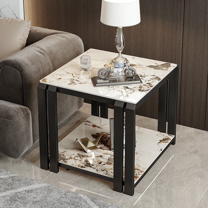Zeitgenössischer nordischer Platten- und Metalleck-Couchtisch mit 2 Ebenen für das Wohnzimmer 