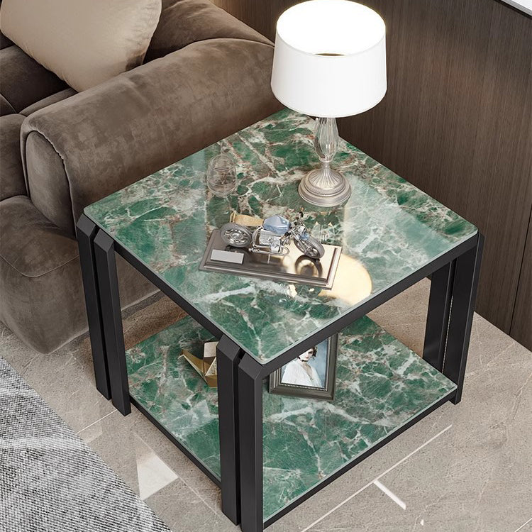 Contemporary Nordic Slab And Metal Square Side Table With 2 Tiers For Living Room