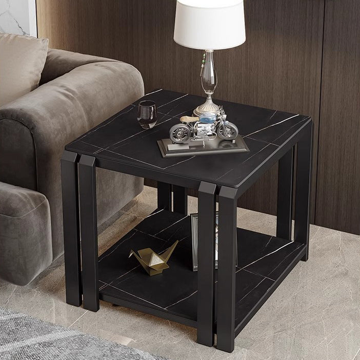 Contemporary Nordic Slab And Metal Square Side Table With 2 Tiers For Living Room