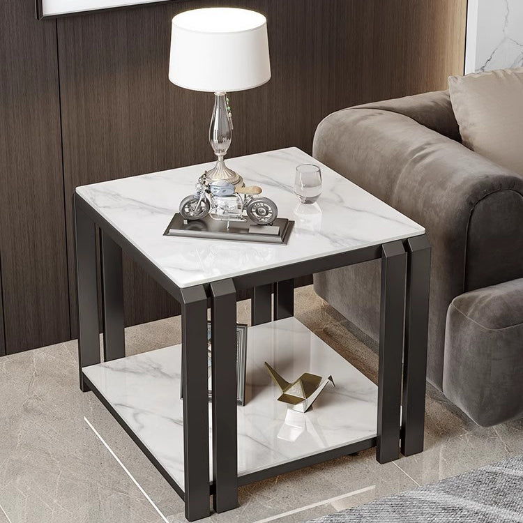 Contemporary Nordic Slab And Metal Square Side Table With 2 Tiers For Living Room