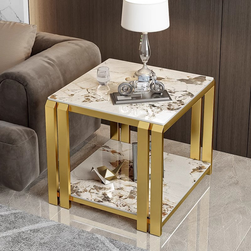 Contemporary Nordic Slab And Metal Square Side Table With 2 Tiers For Living Room