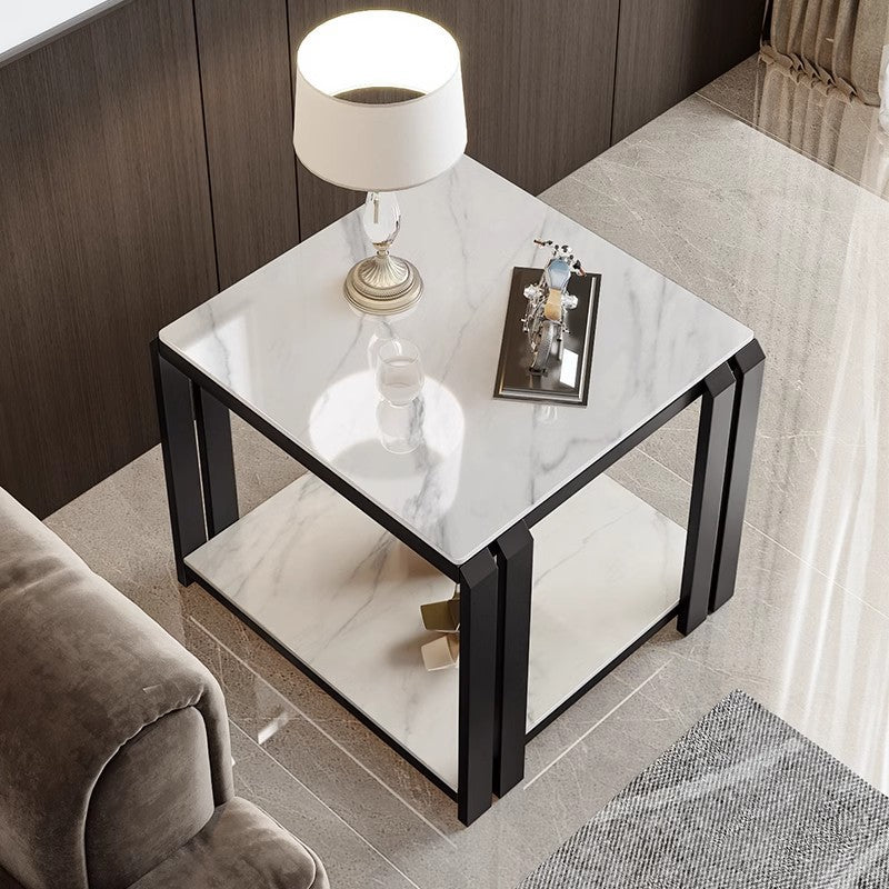 Contemporary Nordic Slab And Metal Square Side Table With 2 Tiers For Living Room