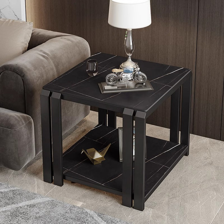 Contemporary Nordic Slab And Metal Square Side Table With 2 Tiers For Living Room