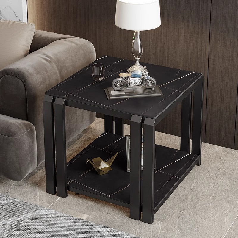 Contemporary Nordic Slab And Metal Square Side Table With 2 Tiers For Living Room