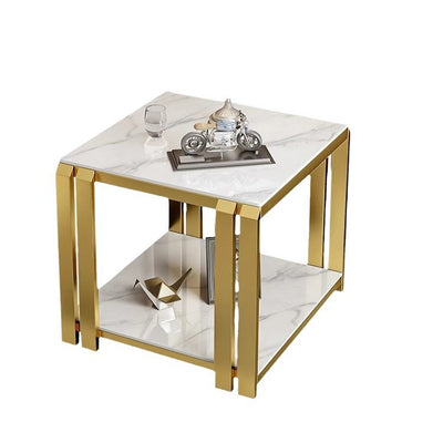 Contemporary Nordic Slab And Metal Square Side Table With 2 Tiers For Living Room