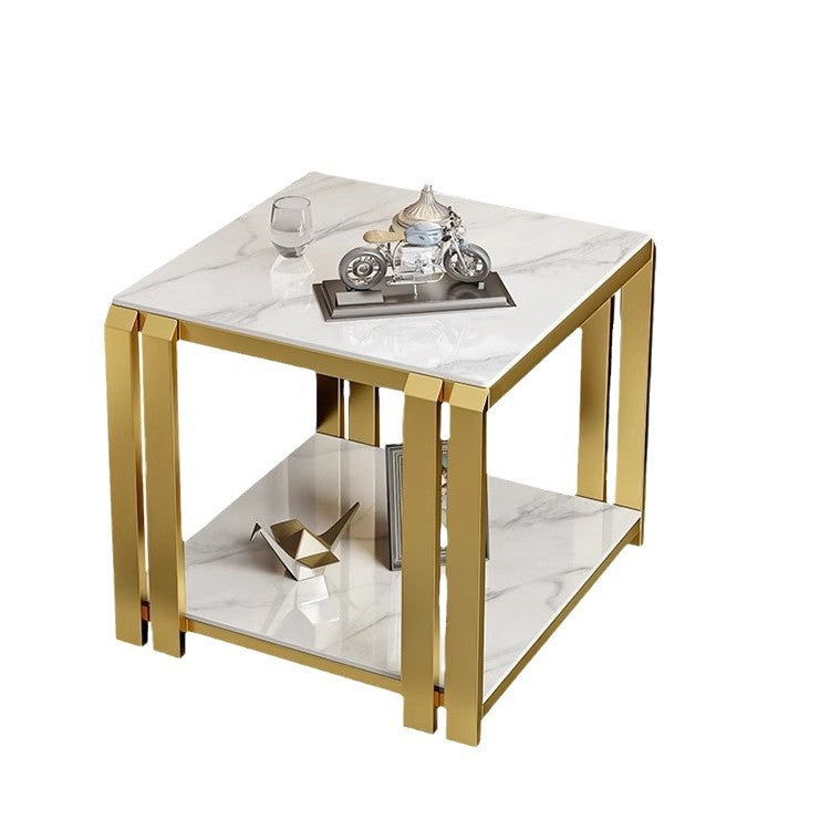 Contemporary Nordic Slab And Metal Square Side Table With 2 Tiers For Living Room