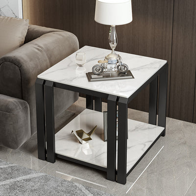 Contemporary Nordic Slab And Metal Square Side Table With 2 Tiers For Living Room