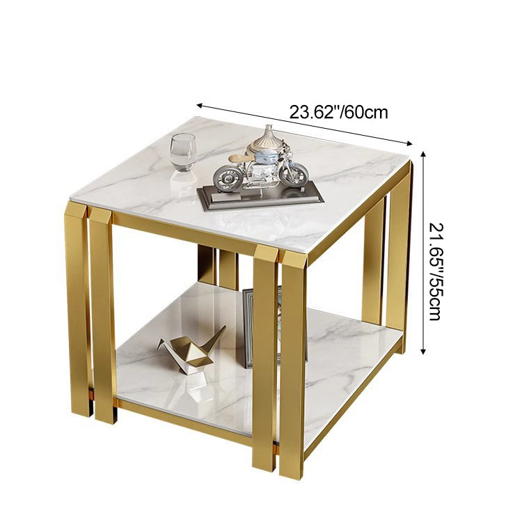 Contemporary Nordic Slab And Metal Square Side Table With 2 Tiers For Living Room