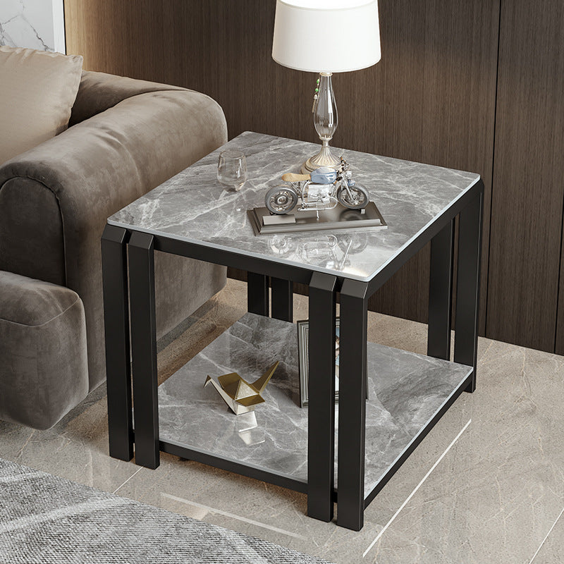 Contemporary Nordic Slab And Metal Square Side Table With 2 Tiers For Living Room