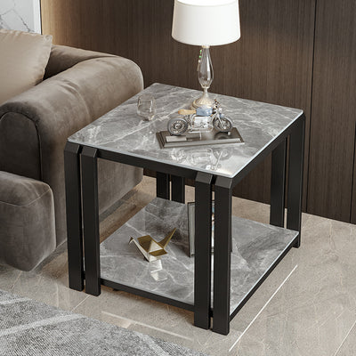 Contemporary Nordic Slab And Metal Square Side Table With 2 Tiers For Living Room