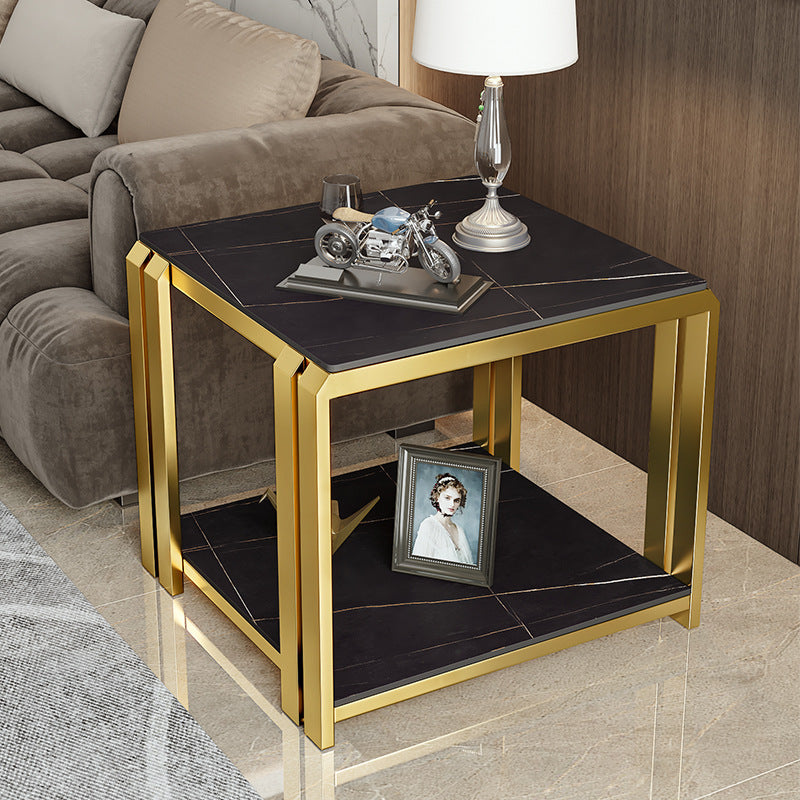 Contemporary Nordic Slab And Metal Square Side Table With 2 Tiers For Living Room