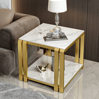 Contemporary Nordic Slab And Metal Square Side Table With 2 Tiers For Living Room