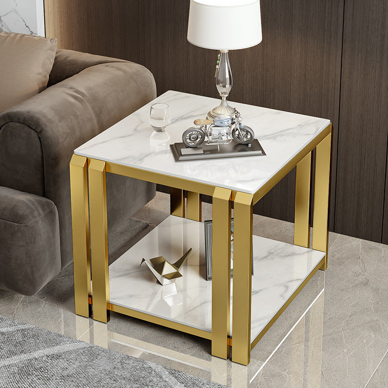 Contemporary Nordic Slab And Metal Square Side Table With 2 Tiers For Living Room