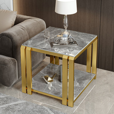 Contemporary Nordic Slab And Metal Square Side Table With 2 Tiers For Living Room