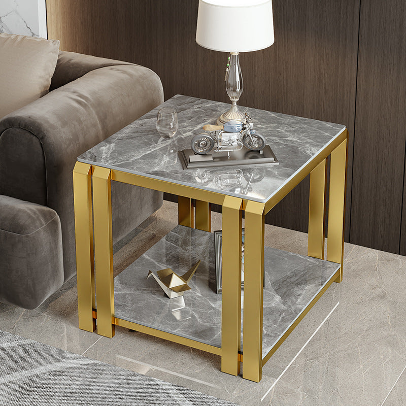 Contemporary Nordic Slab And Metal Square Side Table With 2 Tiers For Living Room