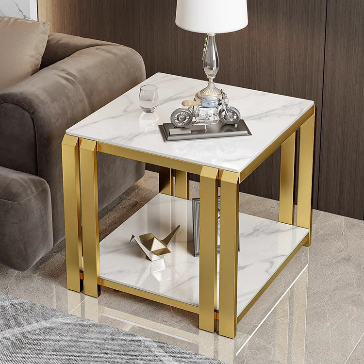 Contemporary Nordic Slab And Metal Square Side Table With 2 Tiers For Living Room