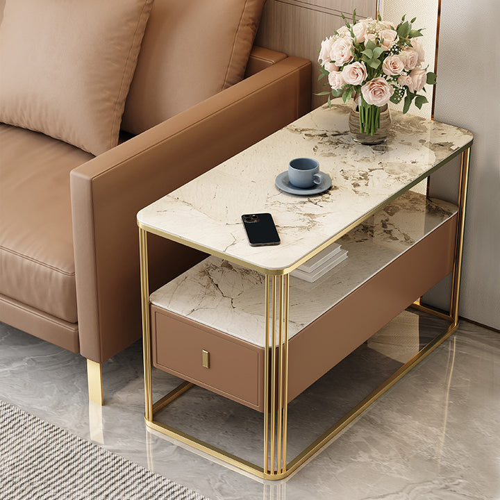 Table d'appoint rectangulaire en acier au carbone avec plateau en porcelaine de luxe moderne, cuir microfibre, 2 niveaux et 1 tiroir pour salon et chambre 
