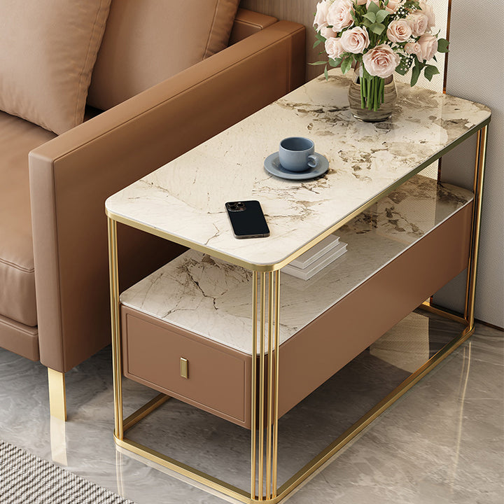 Table d'appoint rectangulaire en acier au carbone avec plateau en porcelaine de luxe moderne, cuir microfibre, 2 niveaux et 1 tiroir pour salon et chambre 