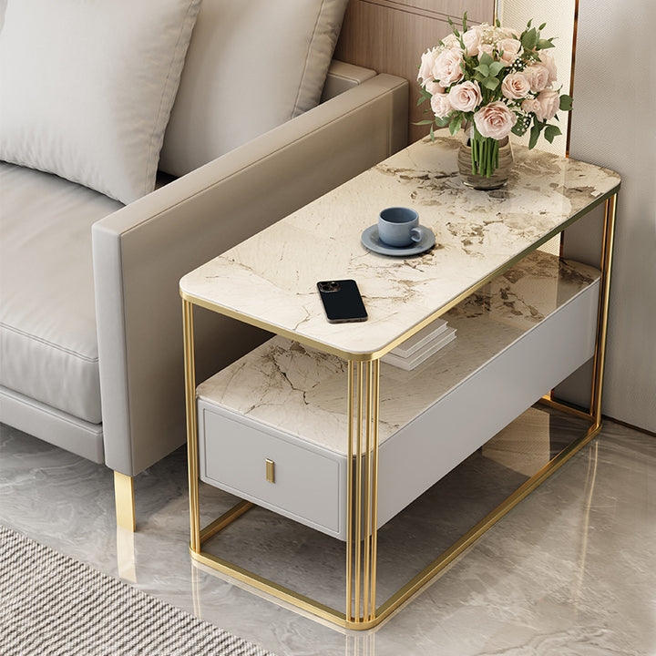Table d'appoint rectangulaire en acier au carbone avec plateau en porcelaine de luxe moderne, cuir microfibre, 2 niveaux et 1 tiroir pour salon et chambre 
