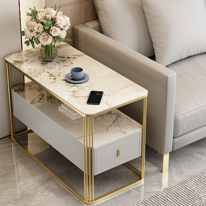 Table d'appoint rectangulaire en acier au carbone avec plateau en porcelaine de luxe moderne, cuir microfibre, 2 niveaux et 1 tiroir pour salon et chambre 