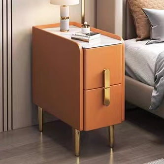 Contemporary Nordic Slab Faux Leather Pine Wood And Carbon Steel Narrow Rectangular Nightstand With 2 Drawers For Bedroom