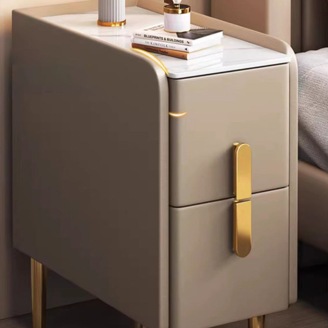 Contemporary Nordic Slab Faux Leather Pine Wood And Carbon Steel Narrow Rectangular Nightstand With 2 Drawers For Bedroom