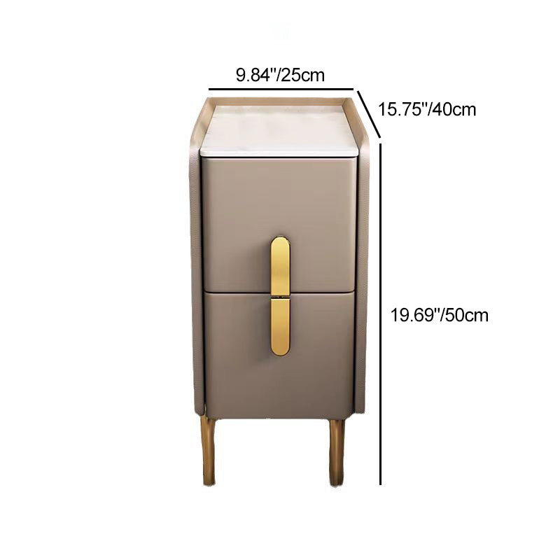 Contemporary Nordic Slab Faux Leather Pine Wood And Carbon Steel Narrow Rectangular Nightstand With 2 Drawers For Bedroom