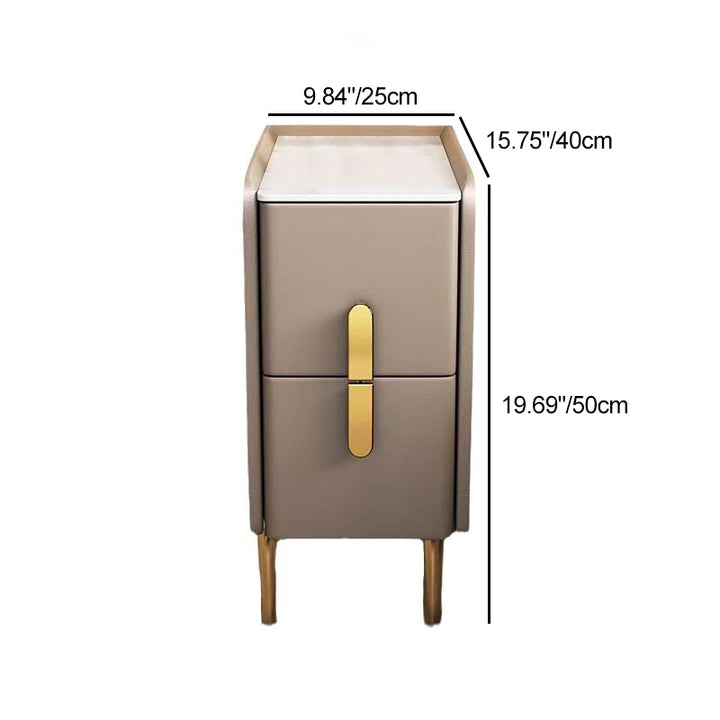 Contemporary Nordic Slab Faux Leather Pine Wood And Carbon Steel Narrow Rectangular Nightstand With 2 Drawers For Bedroom