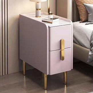 Contemporary Nordic Slab Faux Leather Pine Wood And Carbon Steel Narrow Rectangular Nightstand With 2 Drawers For Bedroom