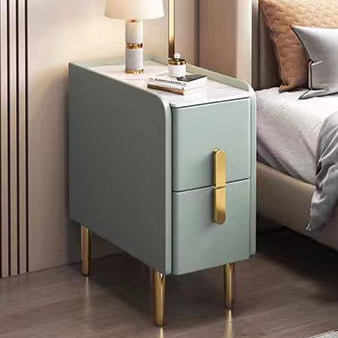 Contemporary Nordic Slab Faux Leather Pine Wood And Carbon Steel Narrow Rectangular Nightstand With 2 Drawers For Bedroom