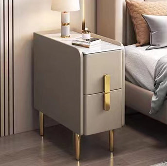 Contemporary Nordic Slab Faux Leather Pine Wood And Carbon Steel Narrow Rectangular Nightstand With 2 Drawers For Bedroom