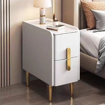 Table de chevet rectangulaire étroite en bois massif et acier au carbone avec 2 tiroirs pour chambre à coucher, en cuir synthétique Nordic Slab contemporain 