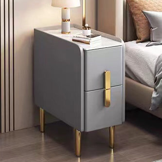 Contemporary Nordic Slab Faux Leather Pine Wood And Carbon Steel Narrow Rectangular Nightstand With 2 Drawers For Bedroom