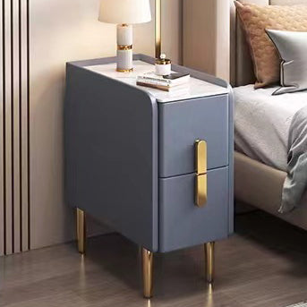 Table de chevet rectangulaire étroite en bois massif et acier au carbone avec 2 tiroirs pour chambre à coucher, en cuir synthétique Nordic Slab contemporain 